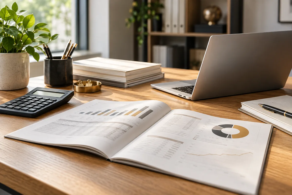Illustrative accounting workspace with financial reports, calculator and laptop