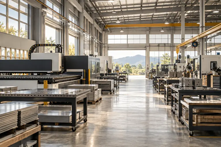 Illustrative manufacturing floor with machinery and organised metal components