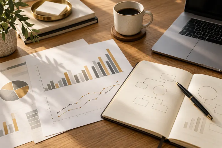Illustrative business planning desk with financial charts and a notebook