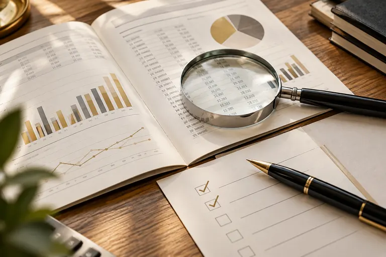 Illustrative financial review workspace with reports and a magnifying glass