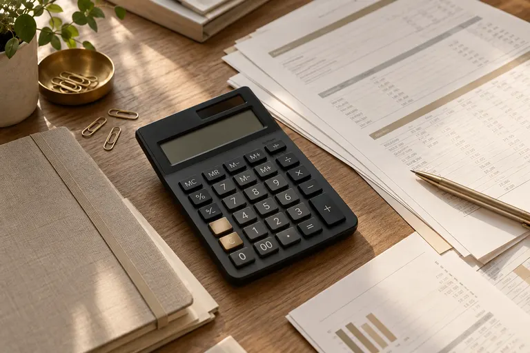 Illustrative accounting desk with a calculator and organised financial worksheets